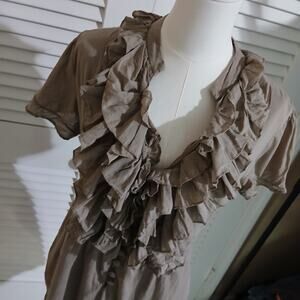TBF Medium Taupe Ruffled V Neck Short-Sleeved 100% Cotton Knee-Length Dress